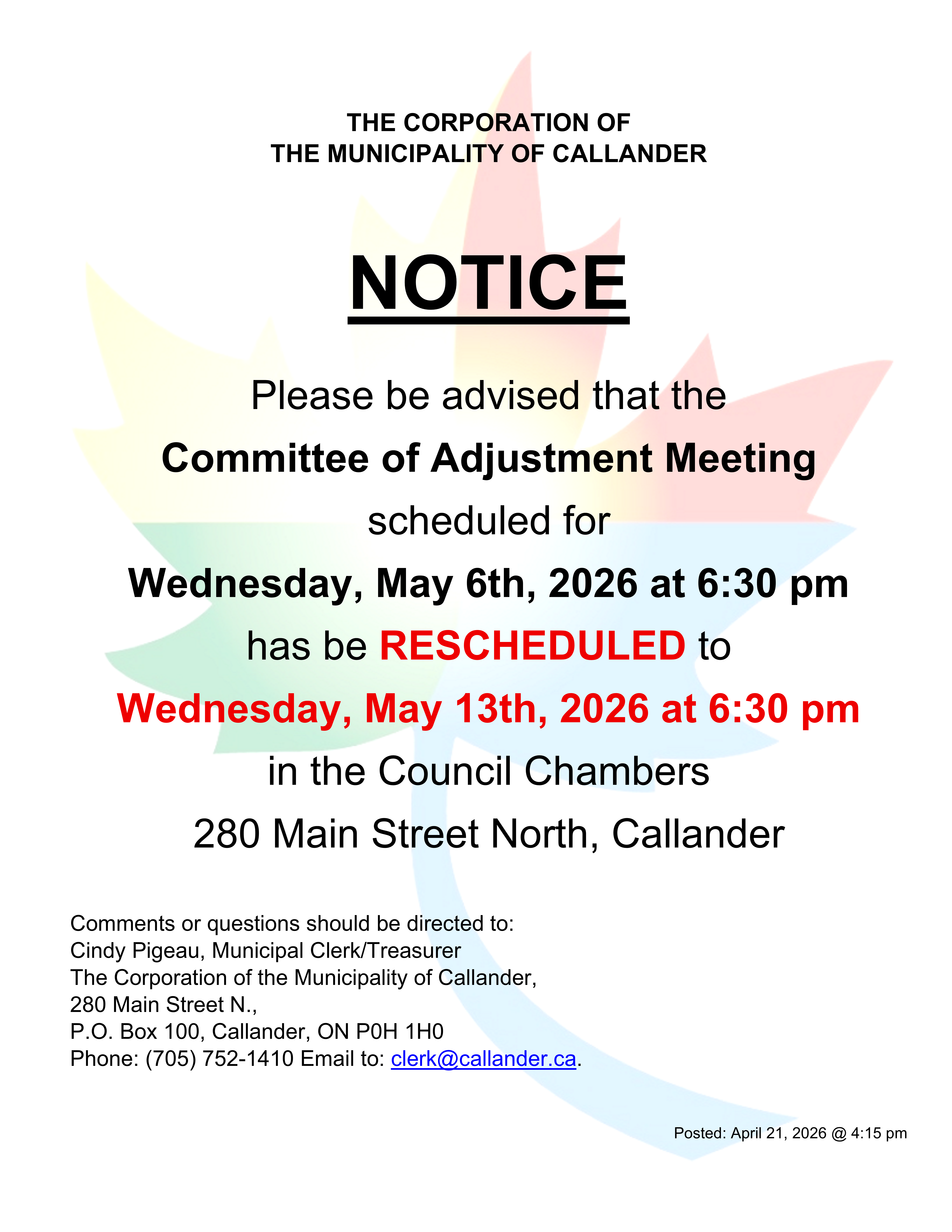 Committee of Adjustment Meeting Rescheduled